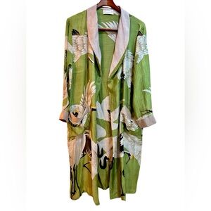 One Hundred Stars Crane Print Long Kimono Jacket – Green NWOT